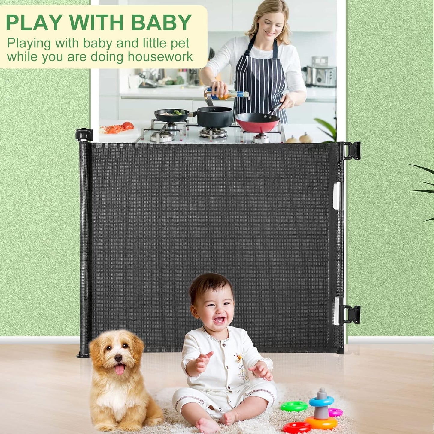 Retractable Baby Gate for Stairs & Doorways, 33" Tall Extends to 71" Wide | Extra Wide Safety Kid Pet Gate, Mesh Dog Gate for Indoor,Outdoor, Hallways One-Handed Operation, Easy Install(33”x71”-Black)