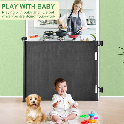 Retractable Baby Gate for Stairs & Doorways, 33" Tall Extends to 71" Wide | Extra Wide Safety Kid Pet Gate, Mesh Dog Gate for Indoor,Outdoor, Hallways One-Handed Operation, Easy Install(33”x71”-Black)