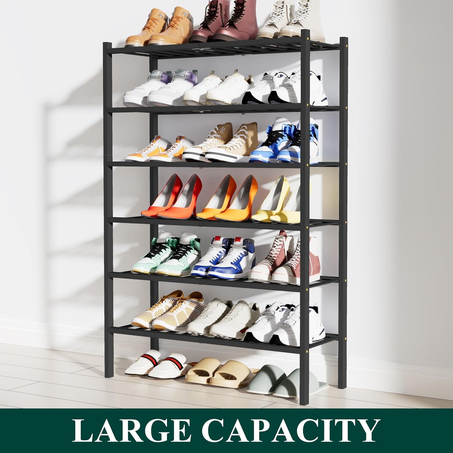 Smiry Bamboo Shoe Rack, 3 Tier Free Standing Wooden Shoe Organizer, Stackable Wood Shoe Storage Shelf for Closet, Entryway, 12 Vertical Slats, 2+1 Stack Standard Legs, 26.8"x11"x19.5", Natural