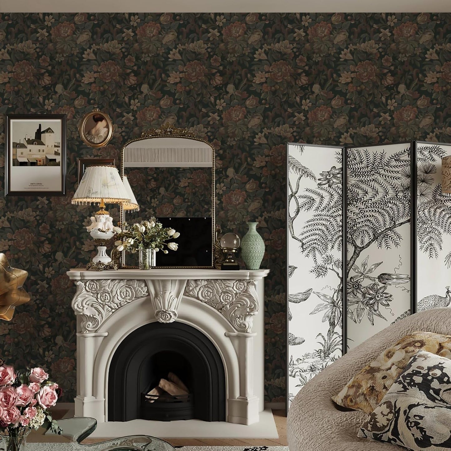 Dimoon 17.3''x78.7'' Peel and Stick Wallpaper Floral Cute Contact Paper Vintage Village Country Cottage Wallpaper Farmhouse Yellow Beige Renter Friendly Geometry Waterproof Embossed Kitchen Bedroom
