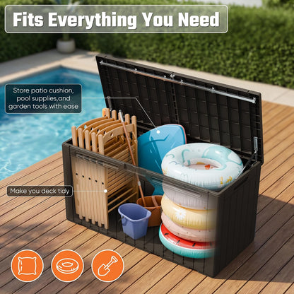Greesum 110 Gallon Outdoor Storage Box with Lockable Lid, All-Weather for Patio Furniture, Pool Supplies & Garden Tools, Waterproof, UV-Resistant Large Deck Box, Dark Black