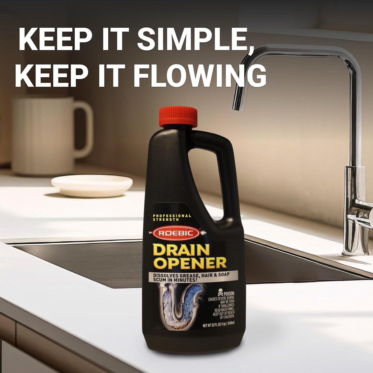 Roebic Liquid Drain Cleaner, Kitchen Sink Grease and Pipe Clog Remover, Professional Strength, 32 fl oz (1 Quart)