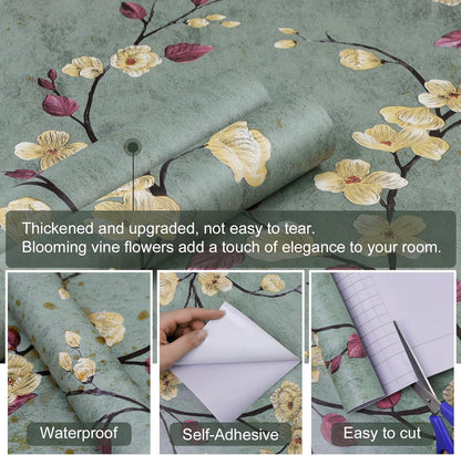 SOON AFTER 17.5”x120” Floral Peel and Stick Wallpaper Flower Tree Contact Paper Self Adhesive Removable Modern Sage Green Wall Paper Decorative Wall Covering Countertop Vinyl Film Roll