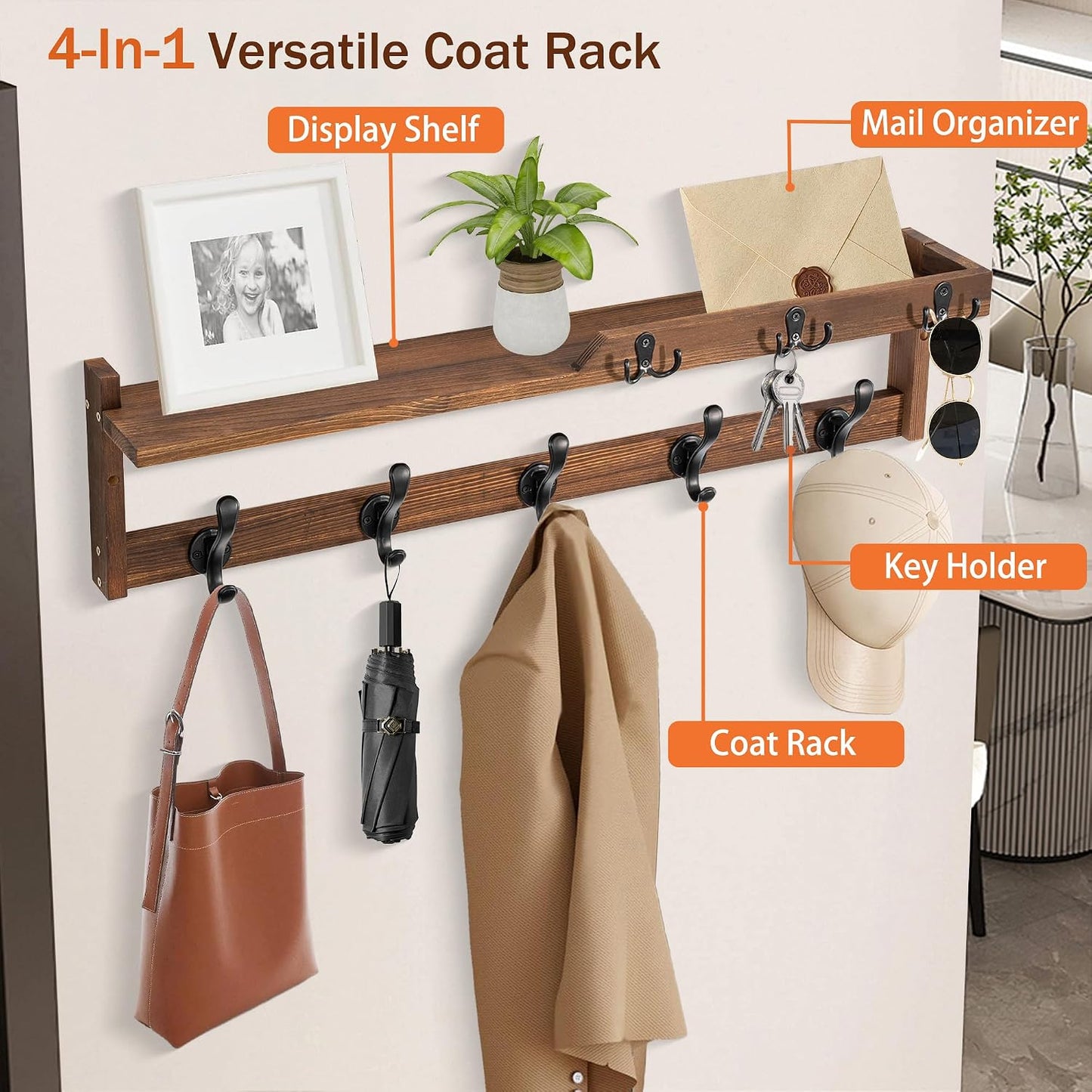 dreampossible Coat Rack Wall Mount with Shelf, Coat Hanger Wall Mount with Key Hooks and Mail Holder, Wood Entryway Floating Shelf with Hooks and Storage, Hat Rack for Wall Key Holder Mail Organizer