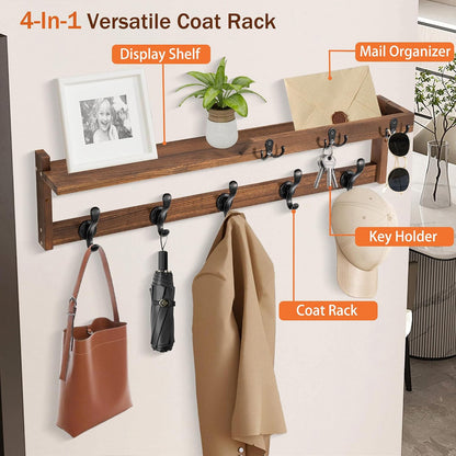 dreampossible Coat Rack Wall Mount with Shelf, Coat Hanger Wall Mount with Key Hooks and Mail Holder, Wood Entryway Floating Shelf with Hooks and Storage, Hat Rack for Wall Key Holder Mail Organizer