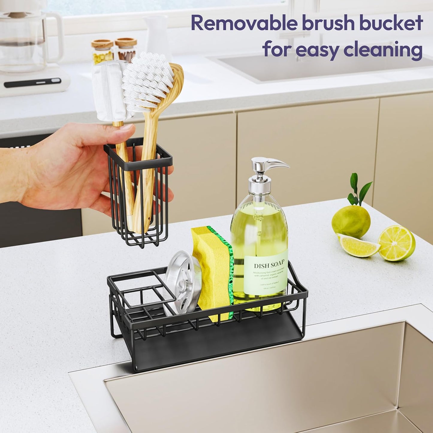 SWTYMIKI Sink Caddy Sponge Holder - Kitchen Sink Organizer with High Brush Holder for Countertop to Hold Dish Soaps and Sponges, Stainless Steel, Black