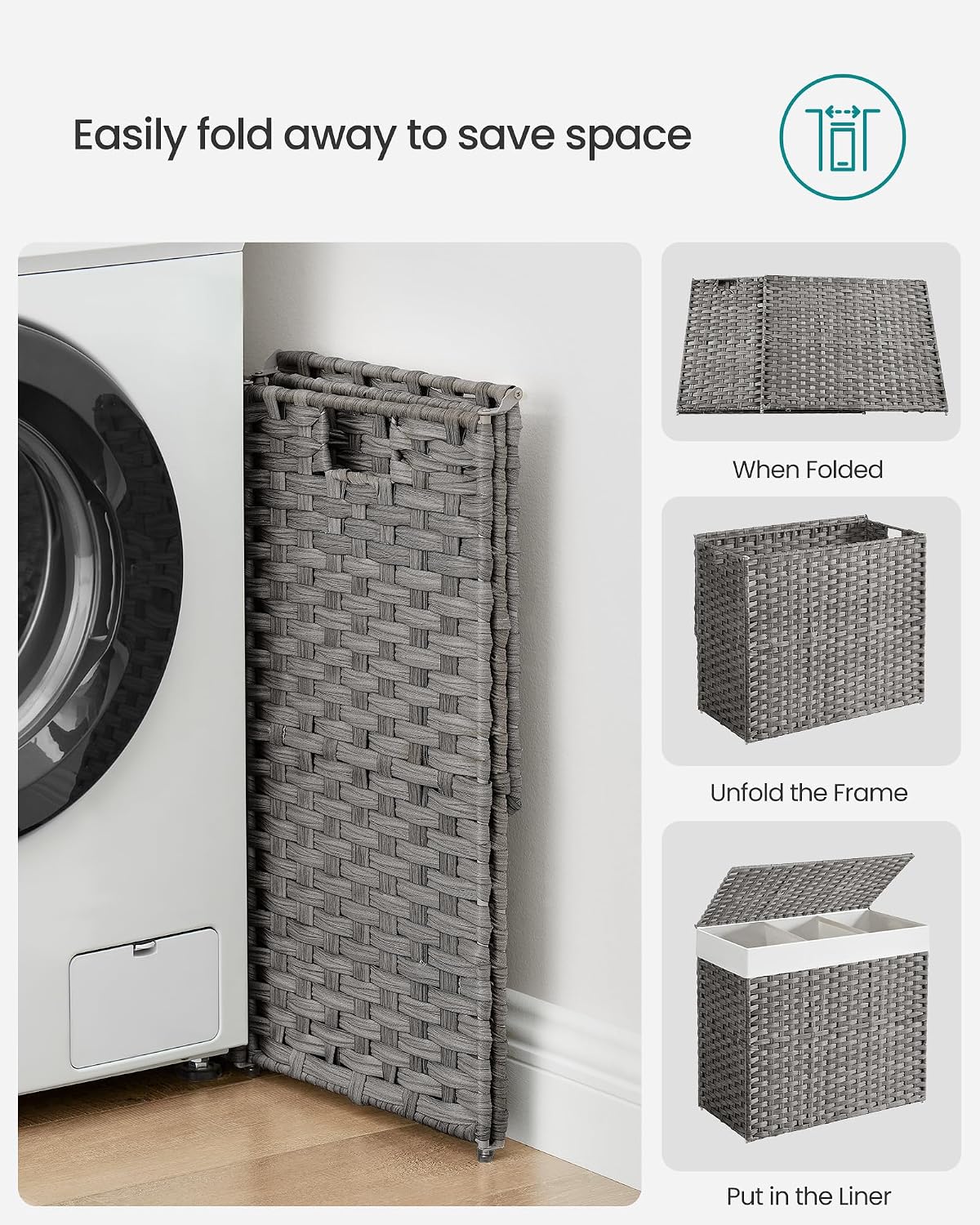 SONGMICS Laundry Hamper with Lid, 37 Gallons (140 L), Rolling Laundry Basket with Wheels, 3-Section Synthetic Rattan, Removable Liner, Bedroom, 26 x 13 x 26 Inches, Gray ULCB363G01