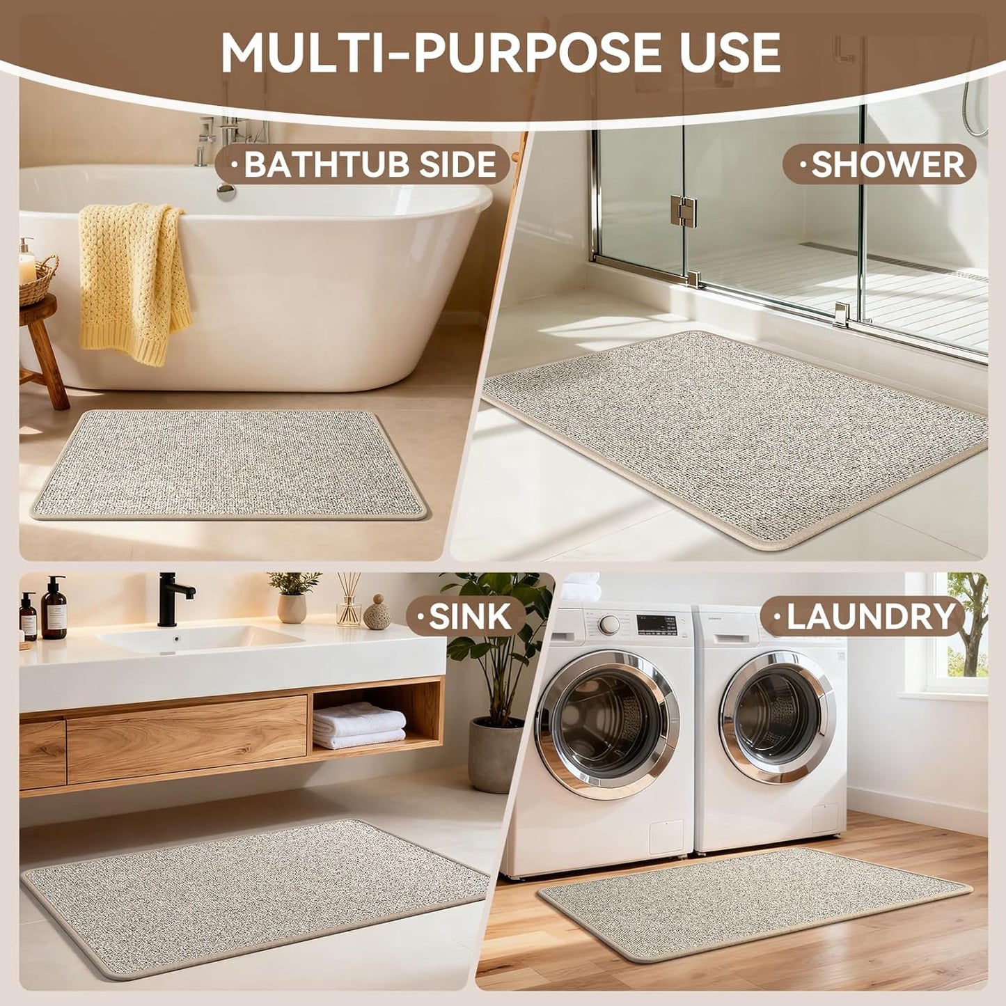 Non Slip Bath Mat with Rubber Backing, Absorbent Quick Dry Bath Rugs Washable, Thin Bathroom Rugs Fit Under Door for Bathroom Floor, Shower and Sink, 16"×24", Grey