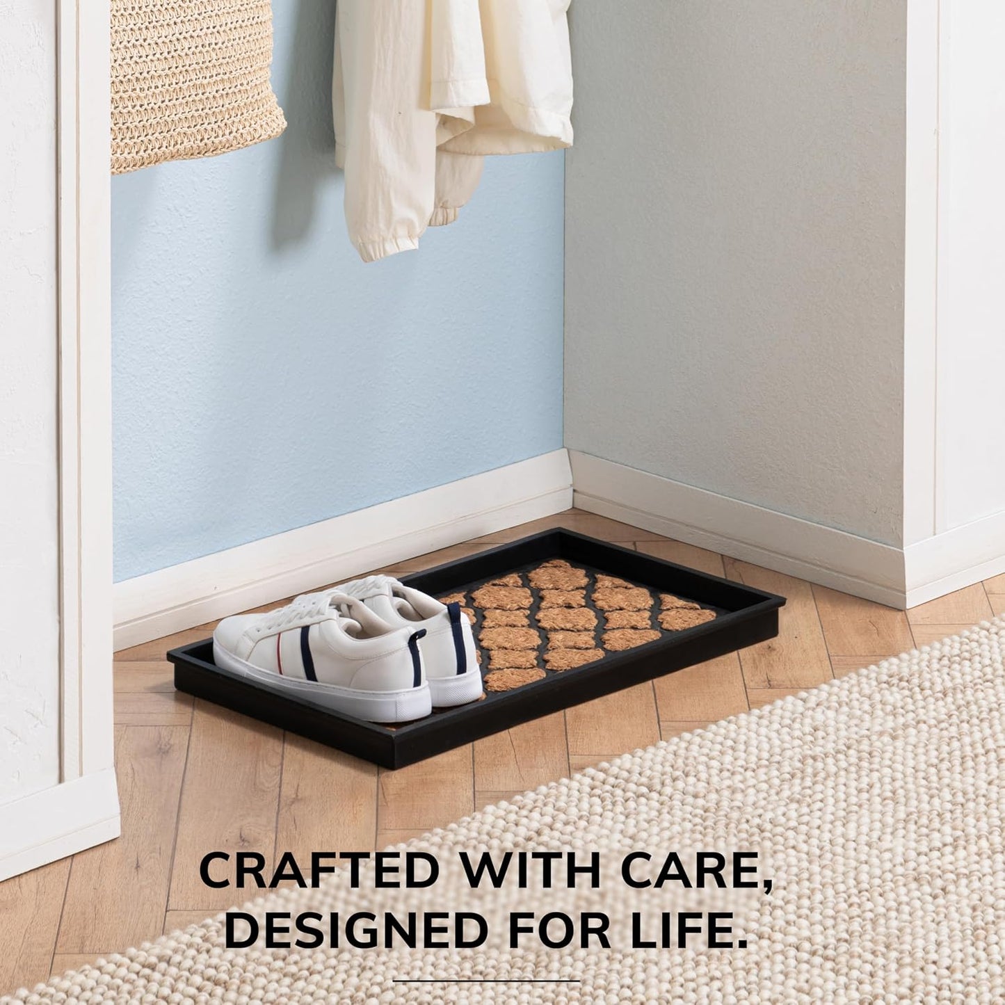 Anji Mountain Heavy Duty Waterproof Rubber Shoe Storage Mat Organizer/Boot Storage Tray Multi Use for Entryway with Coir, Tan Insert, Fits 4 Pair (46.5" Wide)