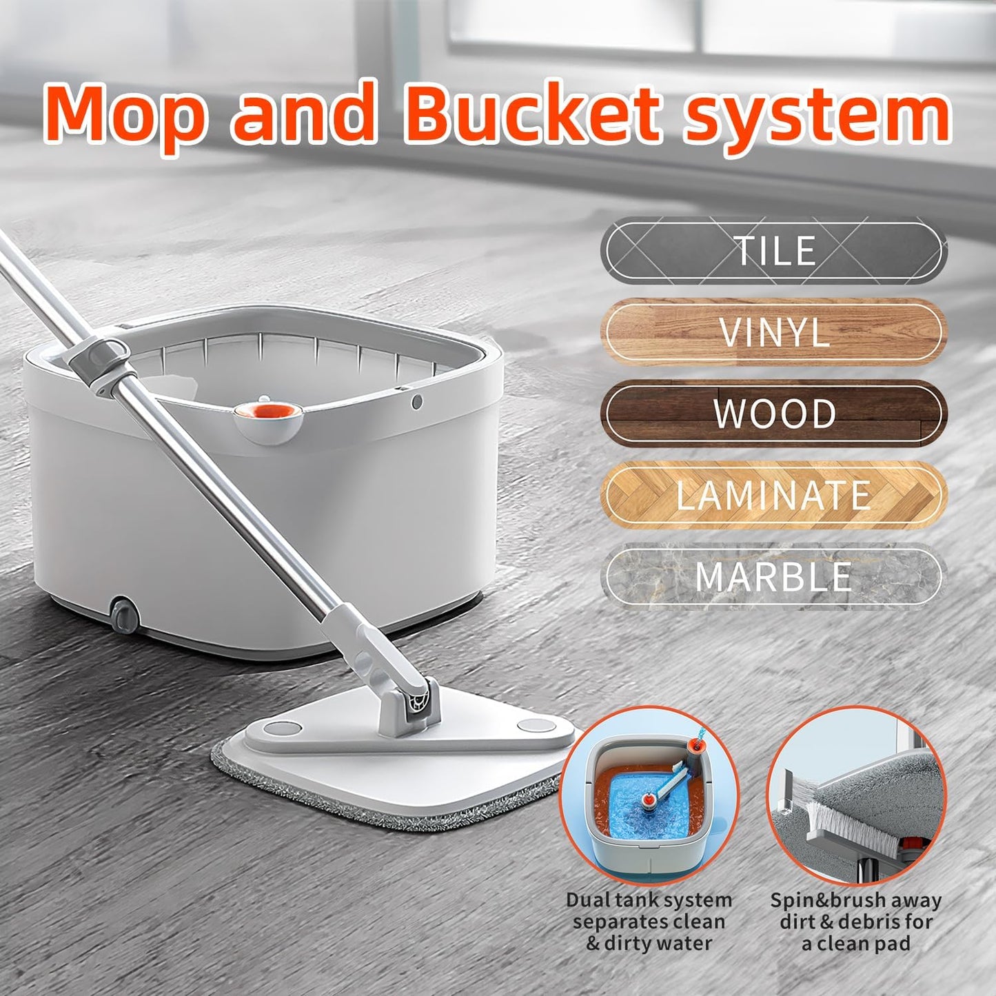 Spin Mop and Bucket Set with 2 Replaceable Microfiber Mop Pads with Self Separation Dirty and Clean Water System, Self Wringing 360° Rotating Square Mop Head for Hardwood Tile Marble Floors