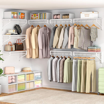 ThreeHio Expandable Closet Shelves Wall Mounted, 2 Pack Closet Shelving with Hanging Rods, Wall Shelving for Walk-in Closet, Hanging Shelves Organizer and Storage for Closet, Laundry