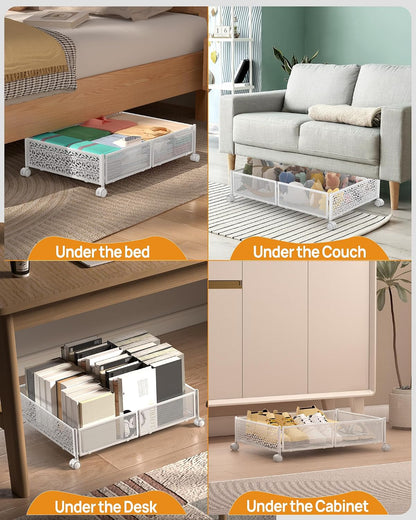 Under Bed Storage With Wheels, 2 Pack Foldable Pattern Carved Metal Under Bed Storage Containers, 60L Rolling Underbed Storage, Easy Assembly Under The Bed Storage for Shoes, Clothes, Blankets...