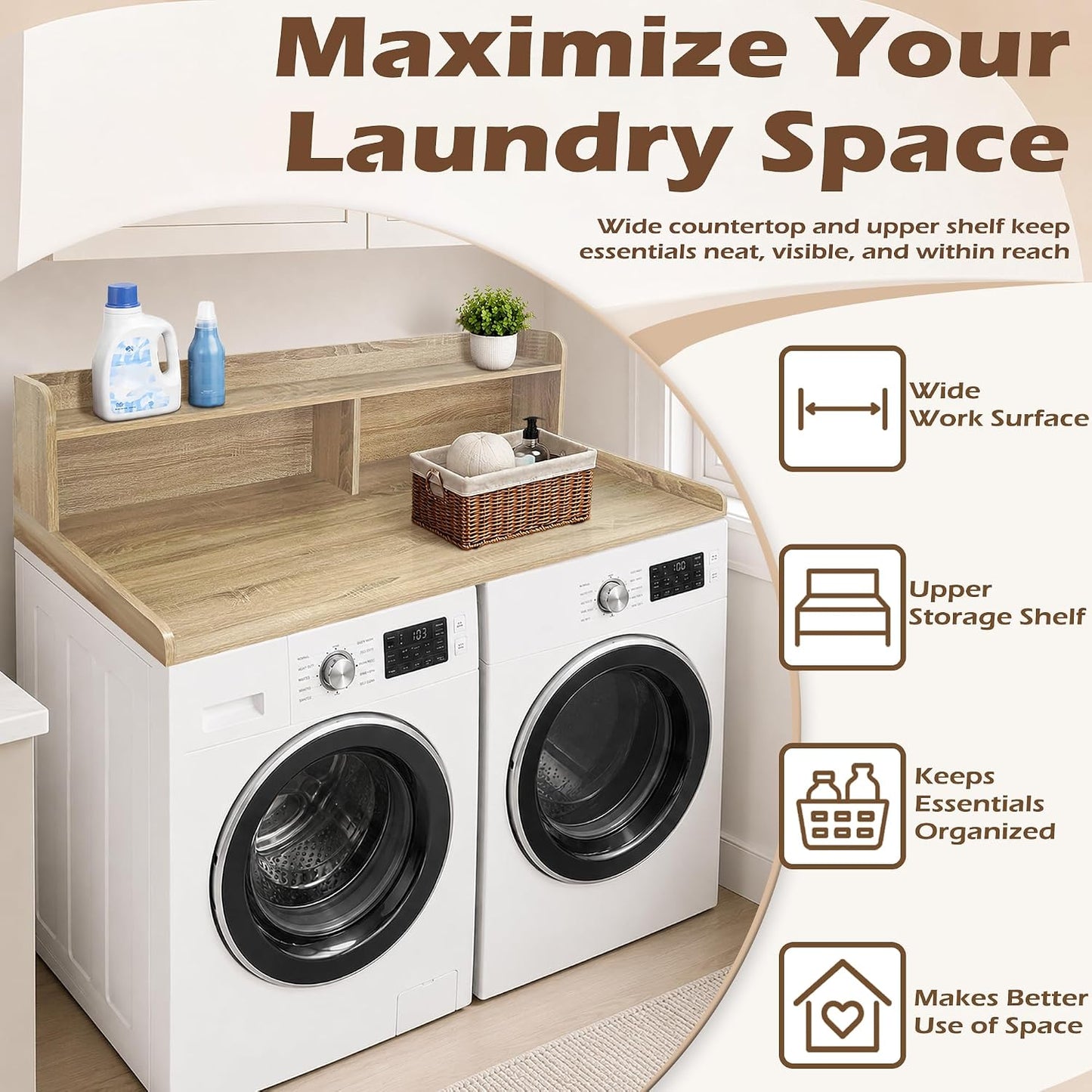 Royxen Laundry Countertop with 2-Tier Shelf Universal Fit, Washer and Dryer Countertop with Storage Space, Shelf Height 11.5 Inches, Solid Wood Core, Oak