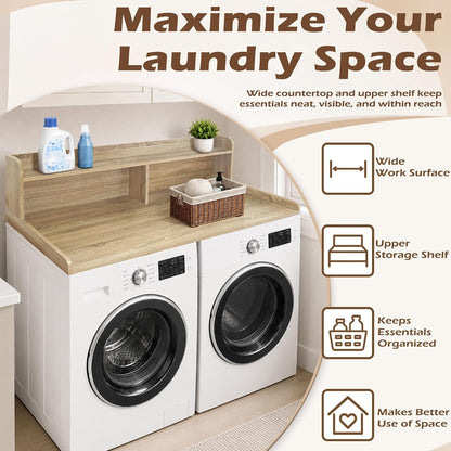 Royxen Laundry Countertop with 2-Tier Shelf Universal Fit, Washer and Dryer Countertop with Storage Space, Shelf Height 11.5 Inches, Solid Wood Core, Oak