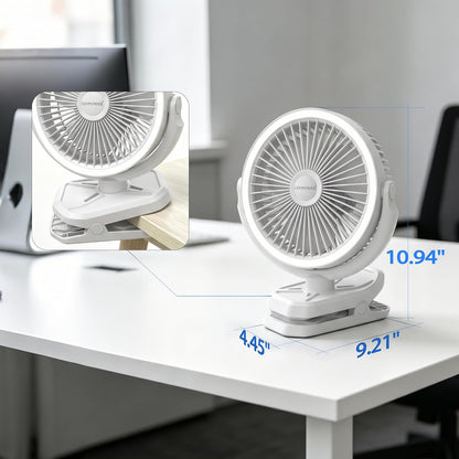 Clip on Fan 16000mAh: Portable Rechargeable Clamp Fan for Stroller Bed Camping Tent Golf Cart - Quiet Battery Operated with 3 Speed Strong Airflow LED Light Hook for Office Desk Outdoor (Black)