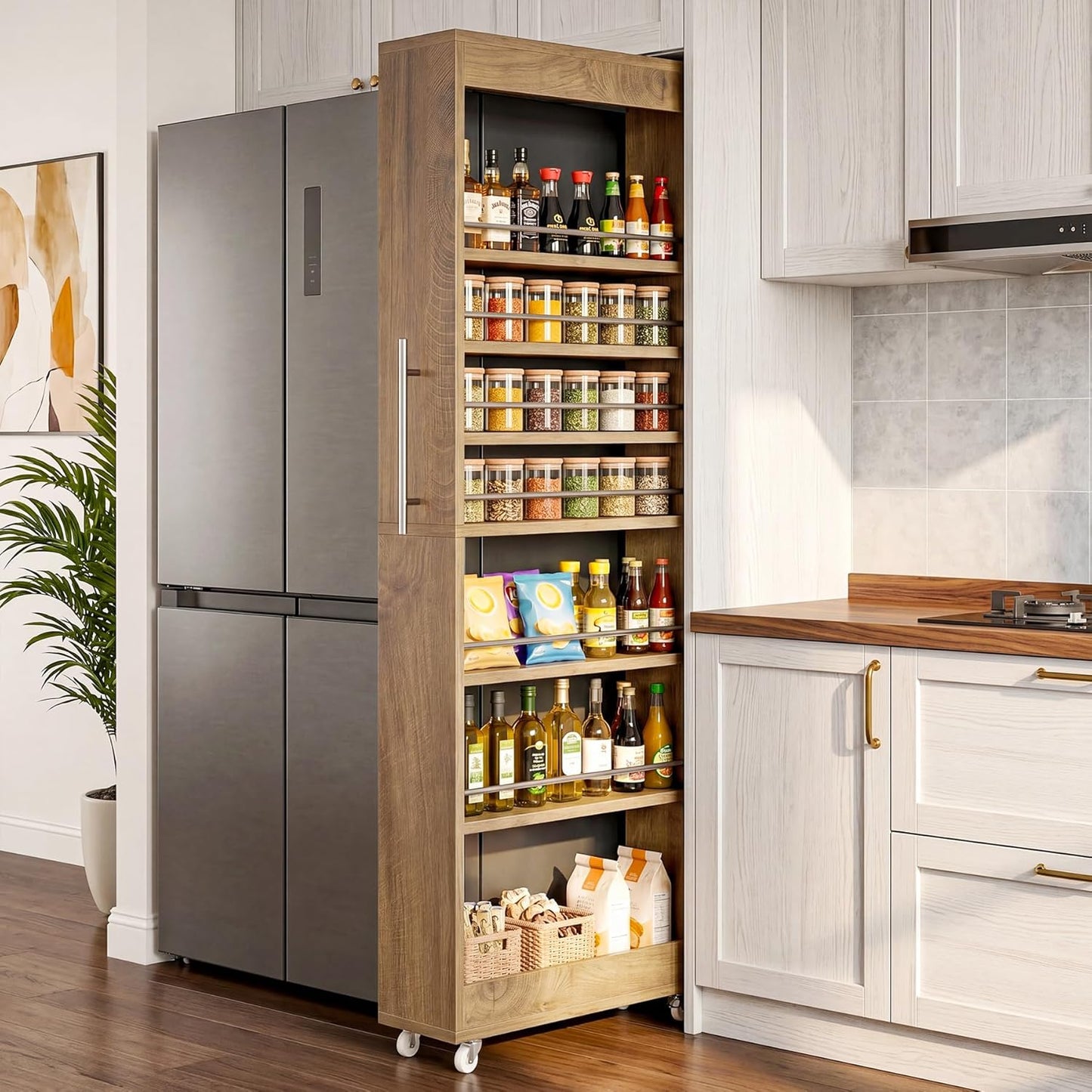 Tribesigns 73" Tall Slim Storage Cart on Wheels, 7-Tier Narrow Pantry Cabinet, Rolling Skinny Spice Rack Organizer Next to Fridge, Wooden Pull-Out Storage Shelf for Kitchen Small Spaces, White