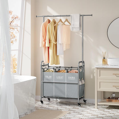 Tajsoon Laundry Hamper with Hanging Rack, 3 Section Laundry Sorter with Heavy Duty Lockable Wheels, Laundry Basket Organizer for Dirty Clothes Storage, 3 Beige