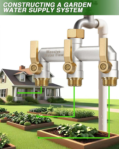 Hose Splitter 2 Way Heavy Duty, Solid Brass Full Flow Outdoor Faucet and Garden Hose Splitters, Water Spigot Splitter T Adapter, All Metal Water Connector with Shut-Off Valve, 3/4 - Inch GHT Thread