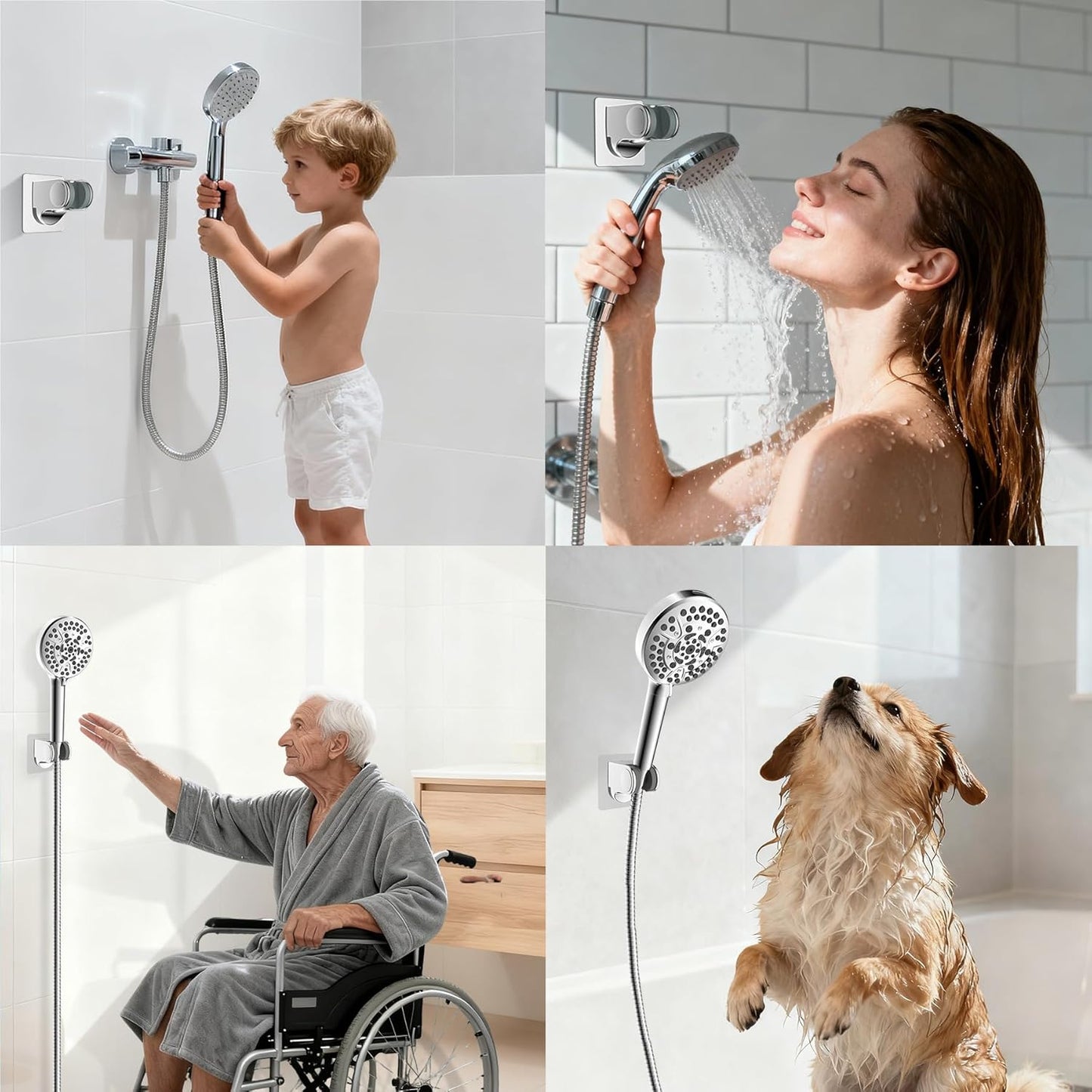 Hibbent Shower Head Holder, Strong Adhesive, Waterproof, Height Adjustable, Wall Mount, No Drilling, Matte Black