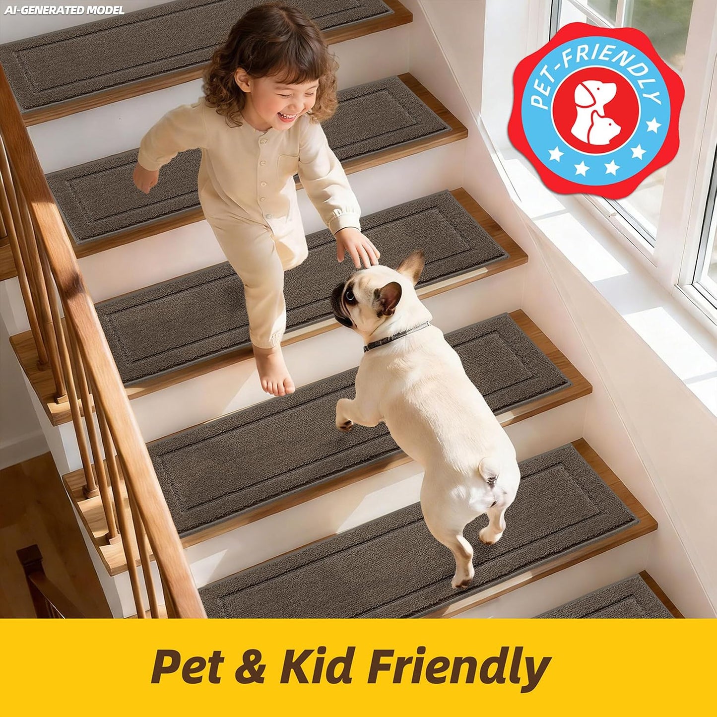 JSEI Stair Treads for Wooden Steps Indoor, 15-Pack Non Slip Stair Treads 30" x 8", Washable Polyester Stair Mats with TPE Backing, Low Profile Stair Rugs for Kids, Seniors and Dogs, Brown