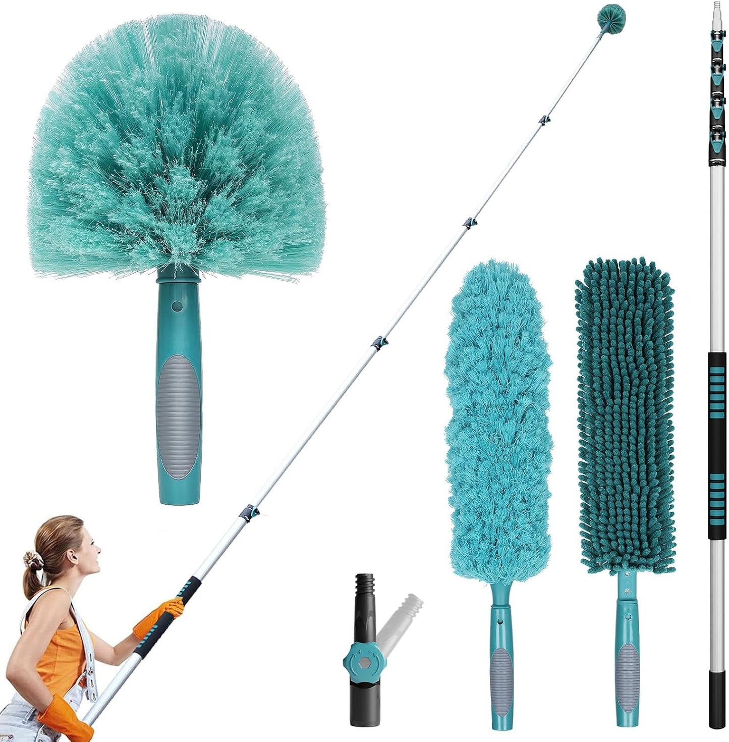 TelesPro 20 Foot High-Reach Duster Kit with 5-12FT Extendable Pole - High Ceiling Duster Cleaning Kit with Telescopic Pole,Cobweb Duster, Chenille Ceiling Fan Duster, Microfiber Feather Duster