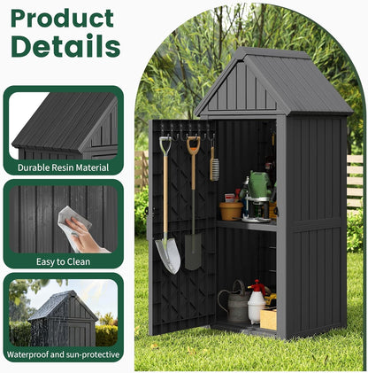 Bifanuo Deck Box Storage Shed Outdoor Storage Cabinet, Vertical Waterproof Resin Material Plastic Shed with Removable Shelves, 12 Hooks and Lock Ring for Garden, Pool and Patio (Classic Black)