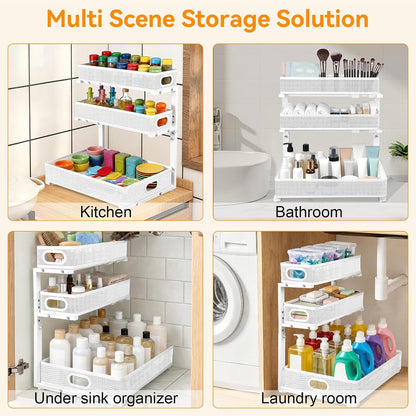 Under Sink Organizer for Bathroom, 3 Tier Adjustable Height Under Sink Storage, Sliding Pull Out Cabinet Organizer Shelf, Metal Multi-Purpose Cabinet Organizer for Kitchen (2 Pack, White)