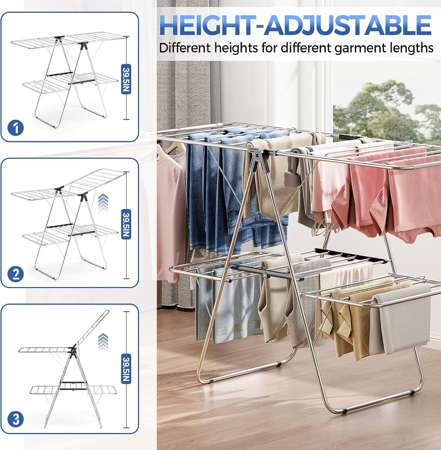 APEXCHASER Large Stainless Steel Clothes Drying Rack, Drying Rack Clothing with Height-Adjustable, Foldable Gullwings Laundry Rack, Indoor Outdoor Use, No Assembly,Black