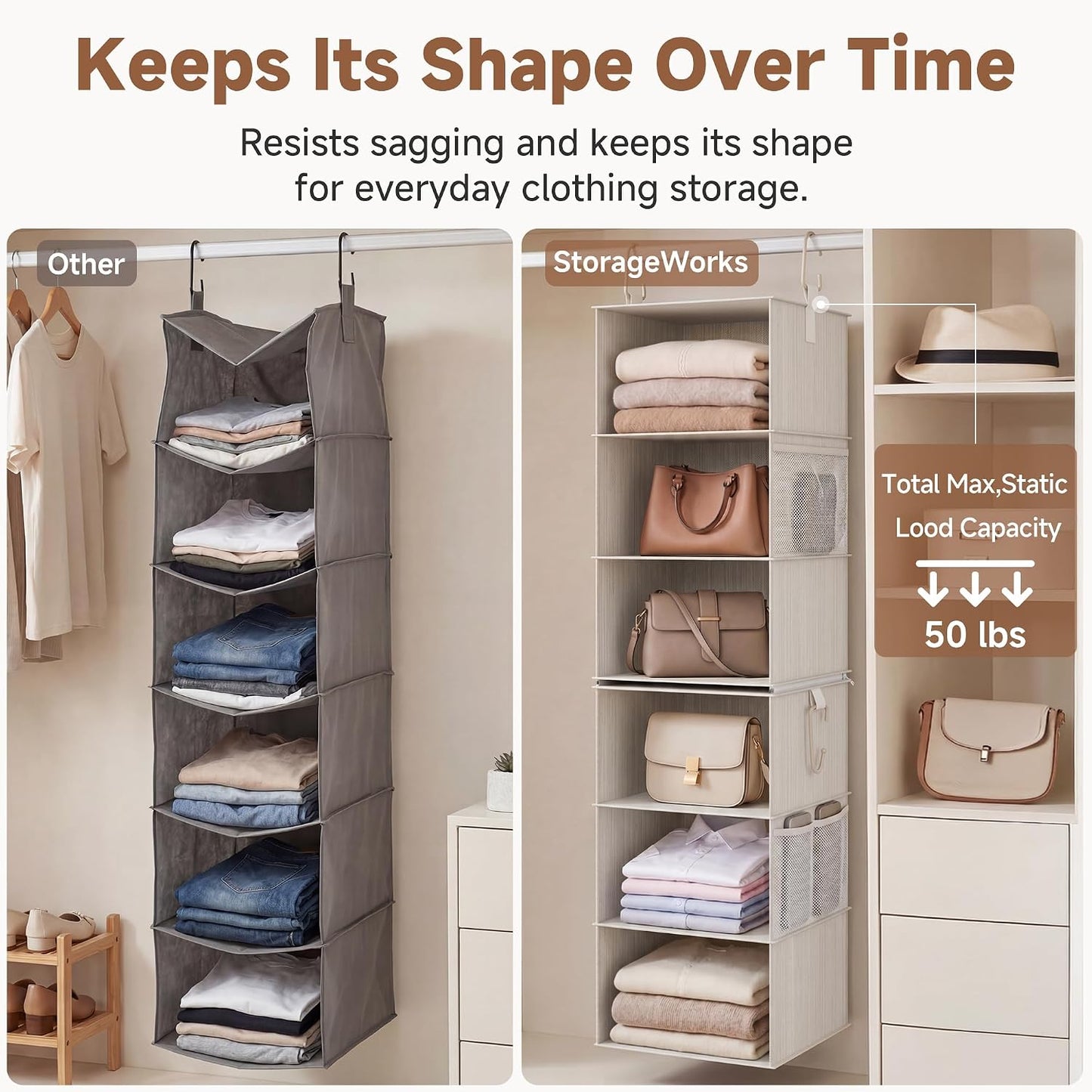 StorageWorks 6-Shelf Closet Organizers, Two 3-Shelf Separable Hanging Shelves for Closet, 12 1⁄2" D x 12 1⁄2" W x 47 ¼" H, Mixing of Beige, White & Ivory