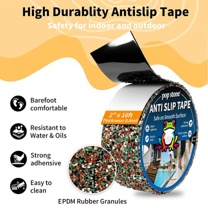 Waterproof Anti-Slip Traction Tape | 2" x16.5 FT | Heavy-Duty EPDM Rubber, Strong Grip & Barefoot Gentle | Indoor & Outdoor Solution: Poolside, Bath, Ramps, Stairs, Board Steps