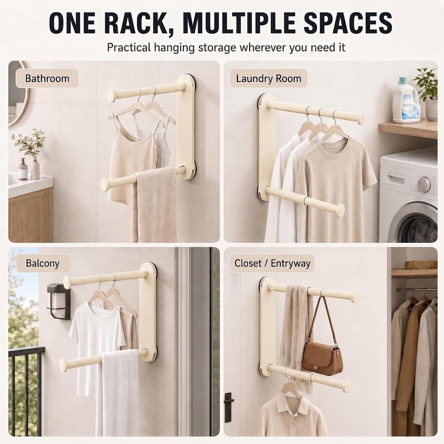 Foldable Clothes Rack No Drill - Heavy Duty Suction Cup Wall Mounted Drying Rack for Laundry, Space Saving Adhesive Hanger for Apartment, Bathroom (Holds 5.5lbs) (Milky White)