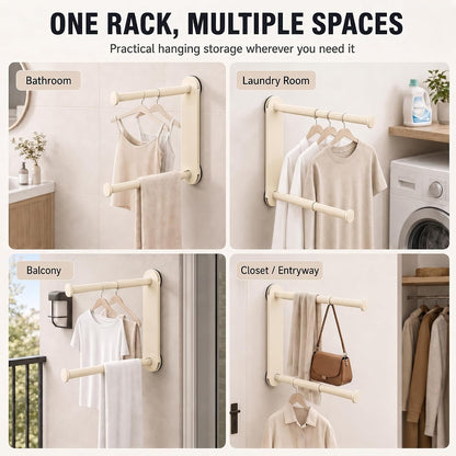 Foldable Clothes Rack No Drill - Heavy Duty Suction Cup Wall Mounted Drying Rack for Laundry, Space Saving Adhesive Hanger for Apartment, Bathroom (Holds 5.5lbs) (Milky White)