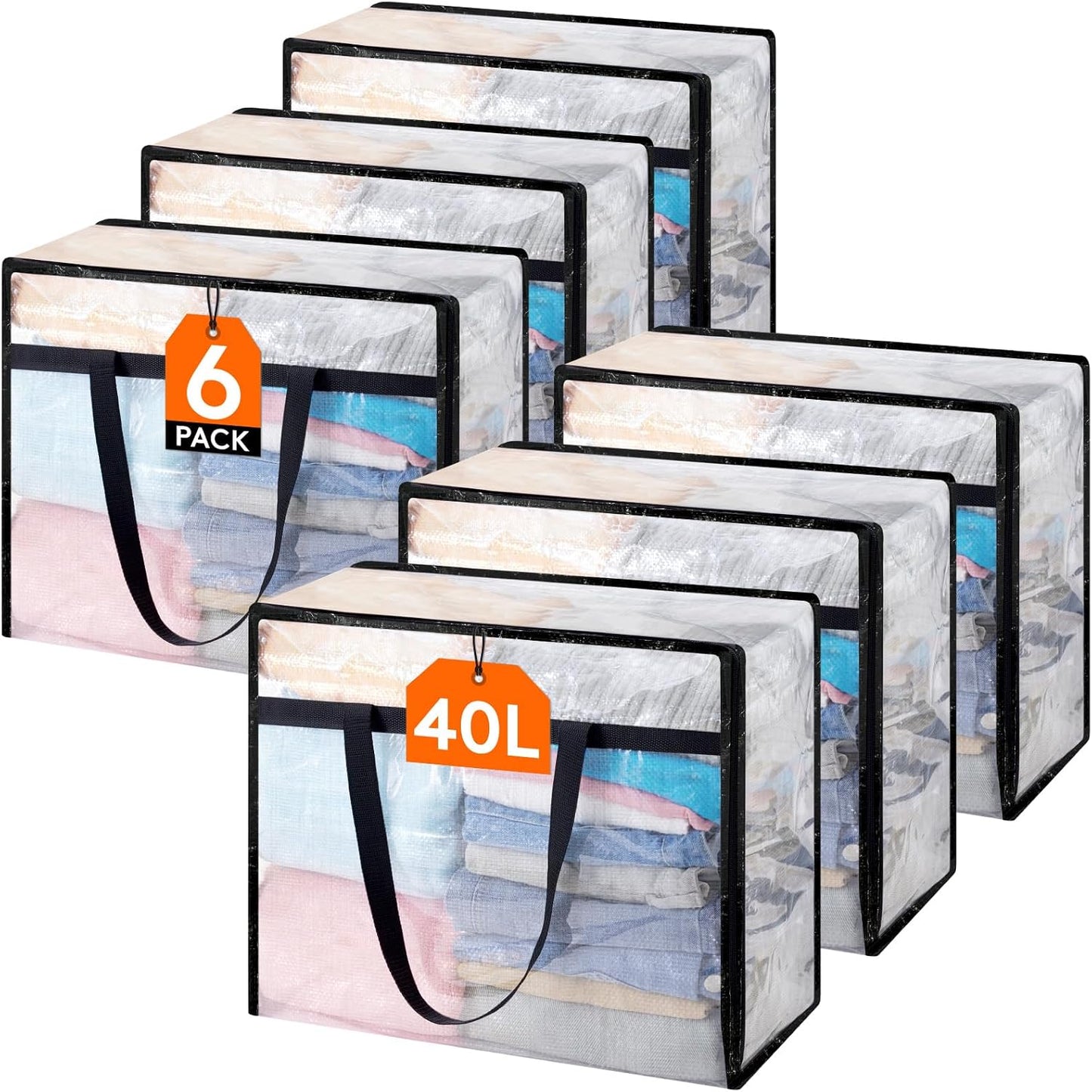 Lifewit 6 Pack Clear Blanket Storage Bags, Foldable Plastic Clothes Organizer with Zipper, Closet Organization Containers and Moving Bag for Comforter, Bedding, Duvet, 40L