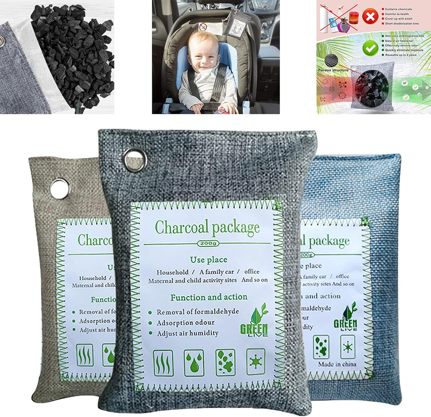Bamboo Charcoal Bags Odor Absorber, 2 Packs 100g Charcoal Deodorizer Bags with Hooks, Nature Bamboo Charcoals Air Purifying Bags Activated Charcoals Odor Absorbers for Home Cars Pet Closet Bathroom