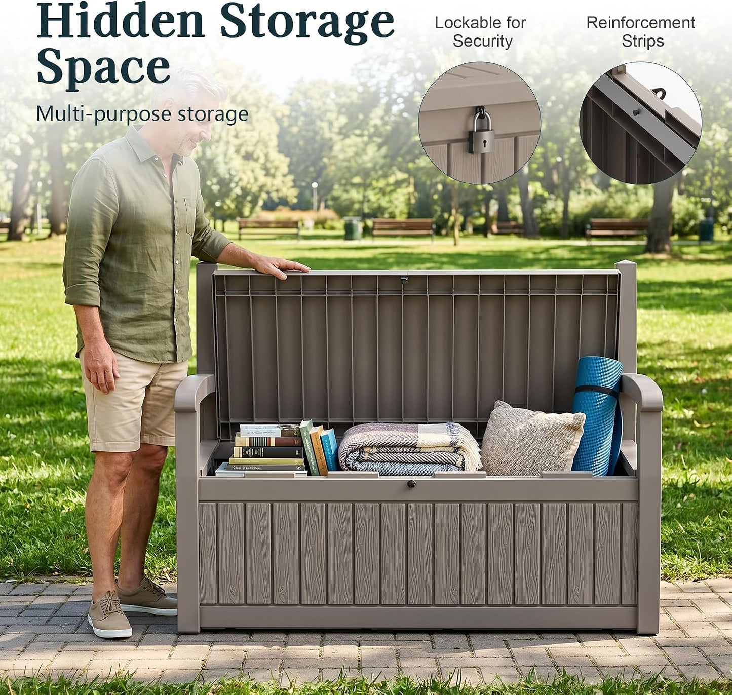 Outdoor Bench, Waterproof Garden Bench with Storage, 100 Gallon Lockable Resin Deck Box, Weatherproof Bench Seating for Patio Yard Cushions Tools, Black