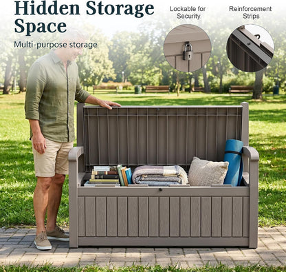Outdoor Bench, Waterproof Garden Bench with Storage, 100 Gallon Lockable Resin Deck Box, Weatherproof Bench Seating for Patio Yard Cushions Tools, Black