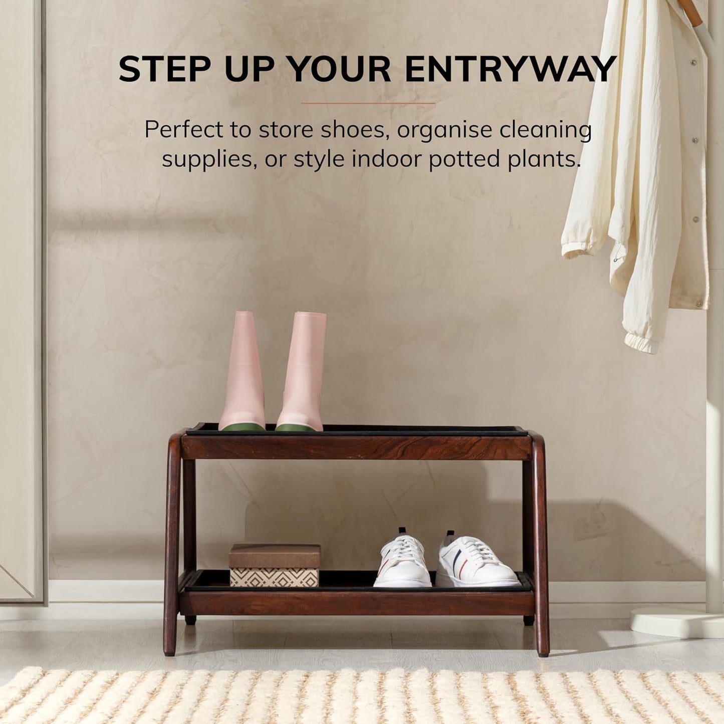 Anji Mountain Heavy Duty Waterproof Wooden Shoe Storage Mat Organizer/Boot Storage Tray Multi Use for Entryway with Coir, Gray and Ivory Insert, 1 Tier, Fits 2 Pair (26.5" Wide)