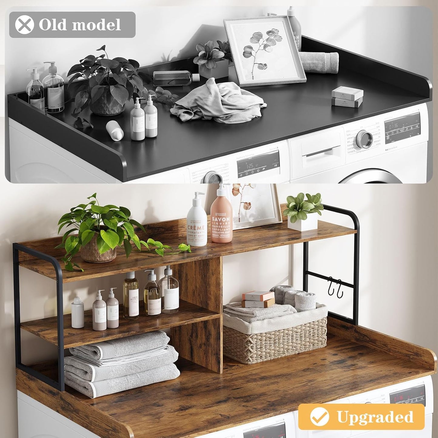 HavenlyYouth Washer and Dryer Countertop with Shelves, 54" x 27.56" 3 Tiers Large Laundry Topper with 2.95" Edge Rails, Laundry Room Storage and Organization with 2 Hooks and Non-Slip Pads