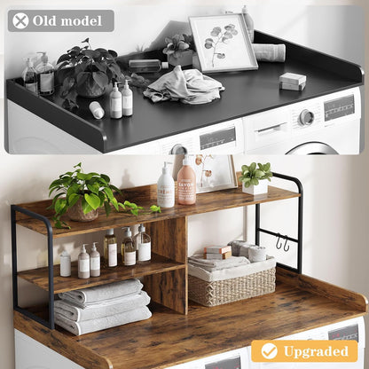 HavenlyYouth Washer and Dryer Countertop with Shelves, 54" x 27.56" 3 Tiers Large Laundry Topper with 2.95" Edge Rails, Laundry Room Storage and Organization with 2 Hooks and Non-Slip Pads