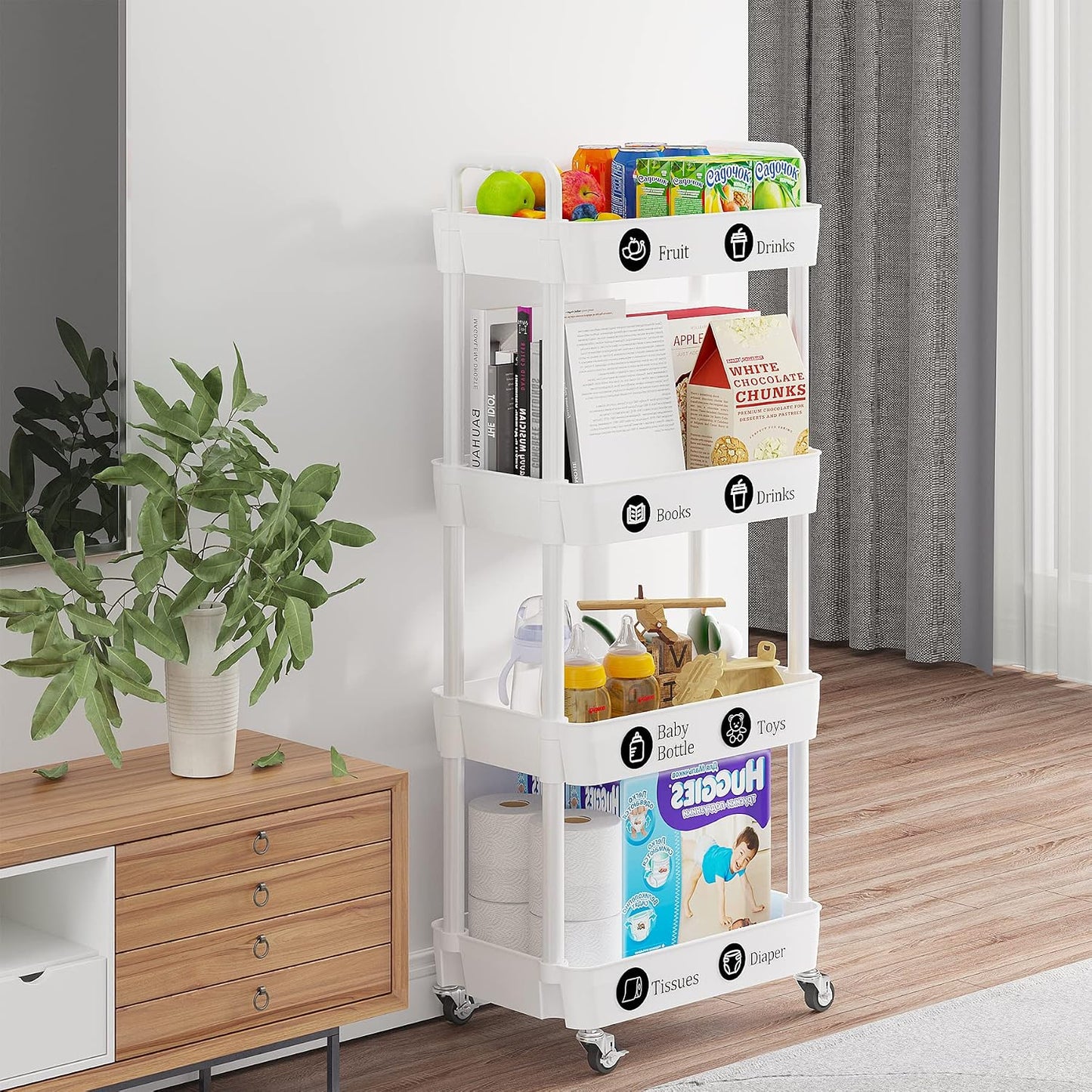 Laiensia 3-Tier Rolling Cart with Wheels,Multifunction Utility Storage Carts, Kitchen Storage Organizer,Mobile Shelving Unit for Bathroom,Laundry,with Classified Stickers,White