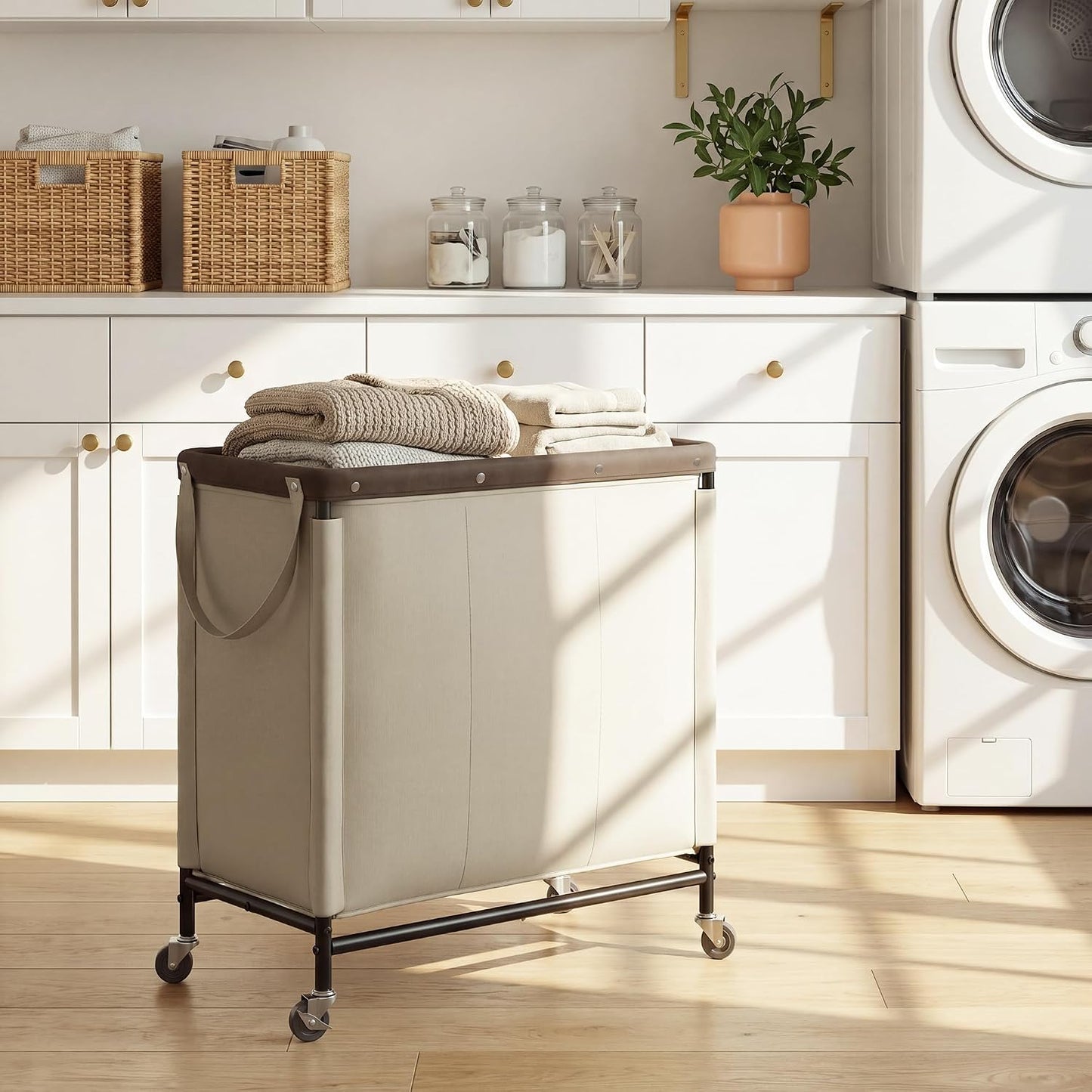 StorageWorks 3 Section Laundry Hamper, Rolling Laundry Cart with Wheels and Handles, Laundry Room Double Sorter for Organizer and Storage, 31.7 Gal(120L), Beige