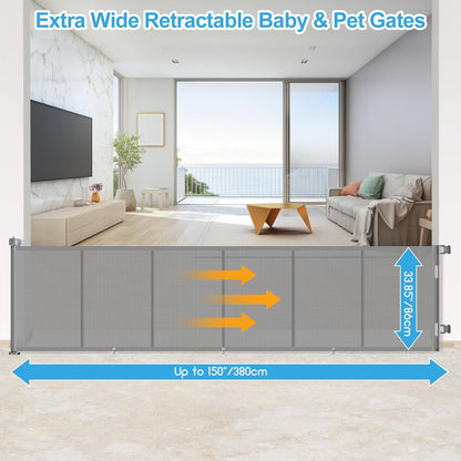 71 inch Retractable Baby Gates, EZIGO Extra Wide Baby Gate for Large Opening Extra Long Mesh Gate for Kids or Pet Dog Gate Child Safety Gate for Stairs Hallways Doorway Indoor Outdoor, Gray