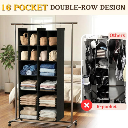 Ofiray-home 6 Tier Hanging Closet Organizer, 16 Compartments Sweater Organizer for Closet with 3 Sturdy Hooks, Closet Organizers and Storage, Wardrobe, Rv, Garment Rack, Grey