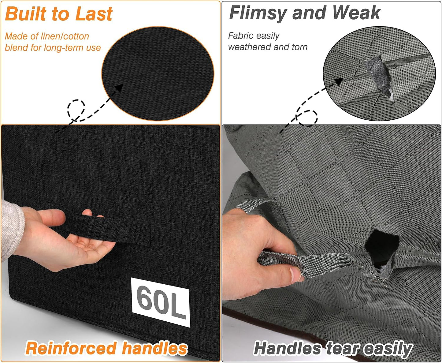 60L Blanket/Comforter Storage Bag w/Rigid Side & Bottom Support, Stackable Clothes Storage Bin for Sweaters Bedding Sets Quilts Pillows, Closet Organizer, 21.7x14.2x11.8in, 2 Pack, Gray