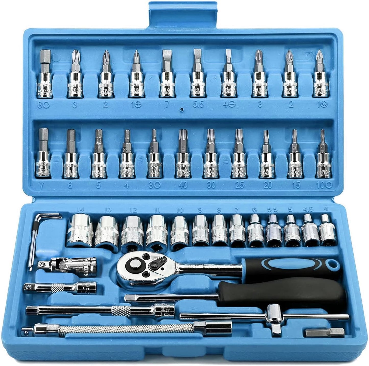 Egofine 46 Pieces 1/4 inch Drive Socket Ratchet Wrench Set, with Bit Socket Set Metric and Extension Bar for Auto Repairing and Household, with Storage Case