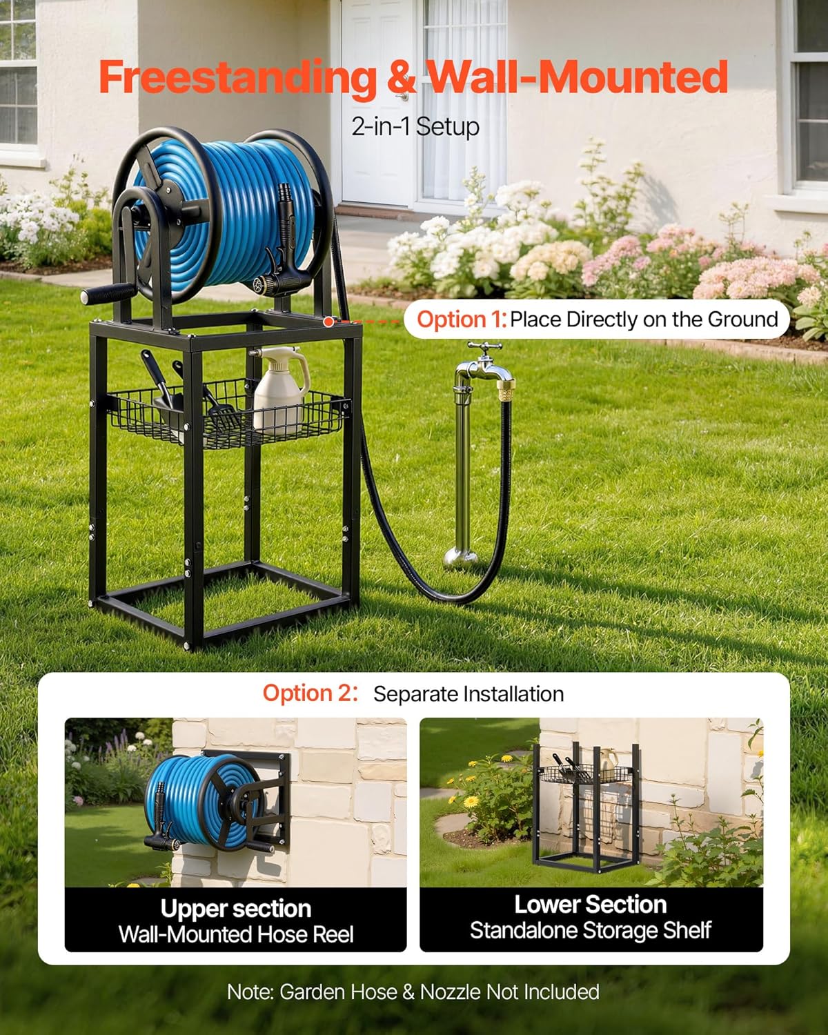 VEVOR Wall Mounted Garden Hose Reel, Holds 125 ft 5/8-inch Hose, Heavy-Duty Water Hose Winder, Space-Saving Design, Outdoor Manual Reel with Brass Fitting and Storage Basket for Yard Lawn