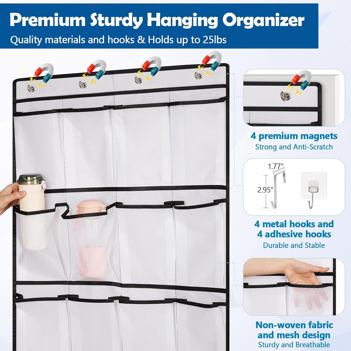 Over The Door Cruise Ship Organizer - Cruise Ship Magnetic Door Organizer with 15 Size-Graded Pockets, Hanging Magnetic Cruise Storage Shoe Rack for Cabin, 2026 Cruise Essential, 9 Hooks(White)
