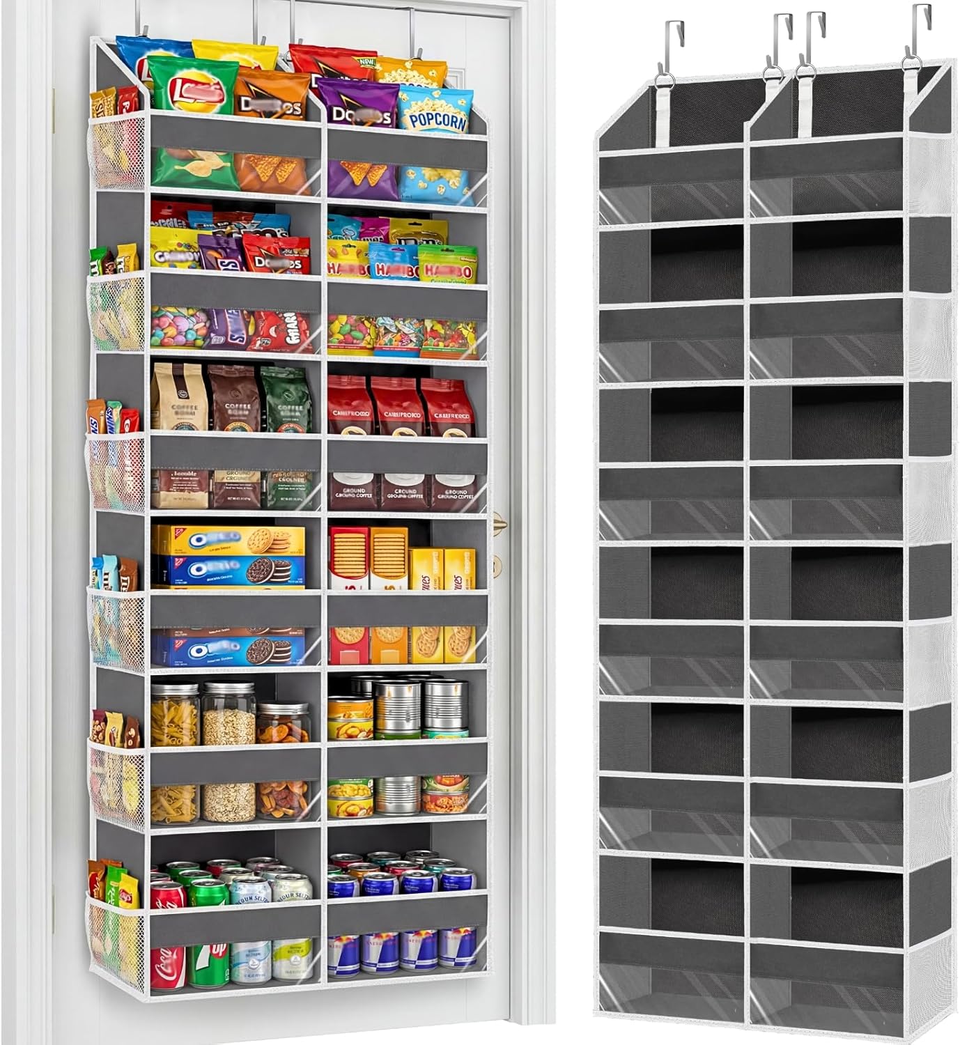 Over The Door Organizer, 5-Tier Extra Large Behind Door Storage with 10 Big Front & 10 Mesh Pockets, 80lb Capacity, Hanging Storage Organizer with Clear Window Kids Toys, Shoes, Diapers, Light Grey