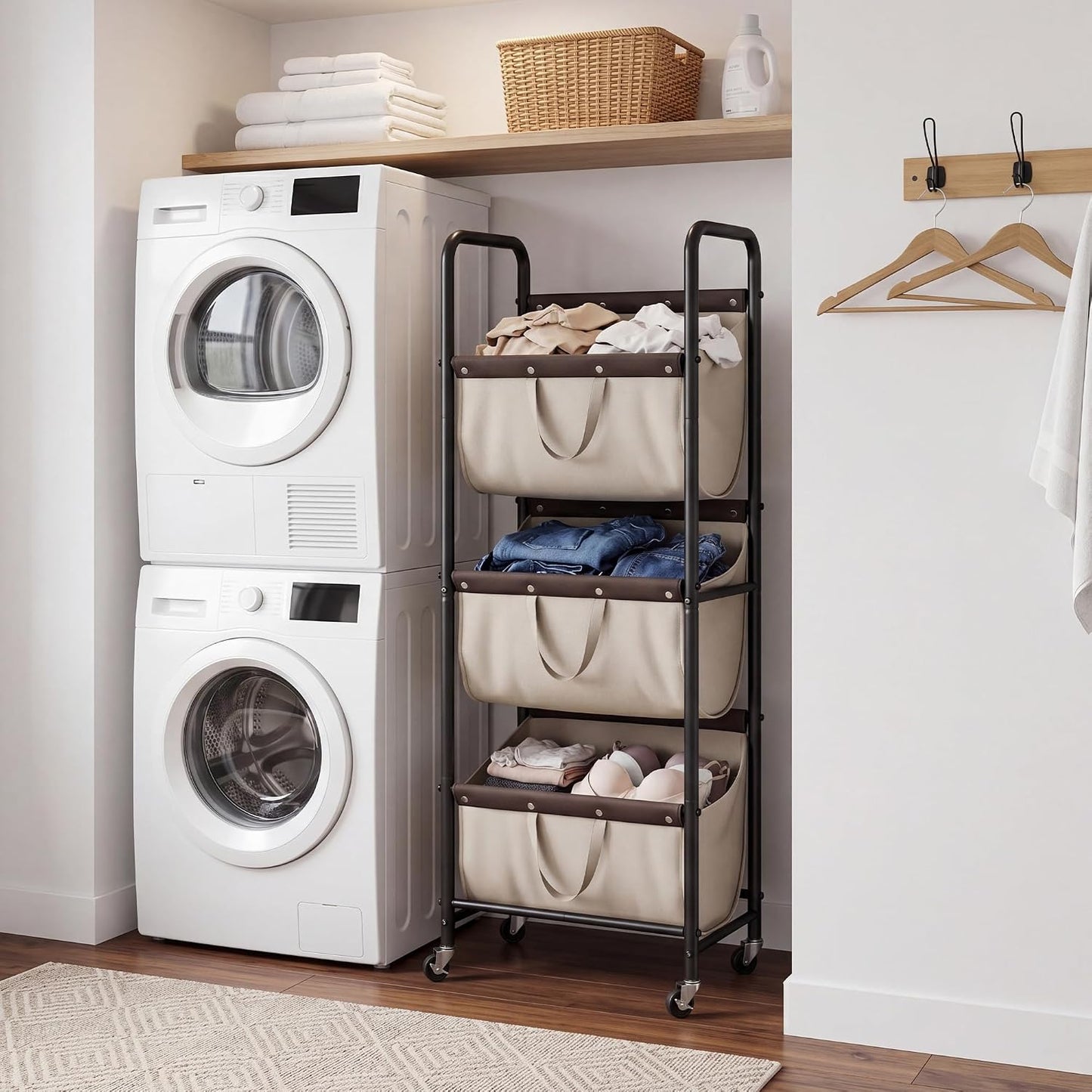 GRANNY SAYS 3 Section Tiered Laundry Sorter, Slim Vertical Laundry Hamper with Wheels, Narrow Rolling Laundry Cart with Removable Bags for Laundry Room, Bathroom, Closet, Dorm, Beige