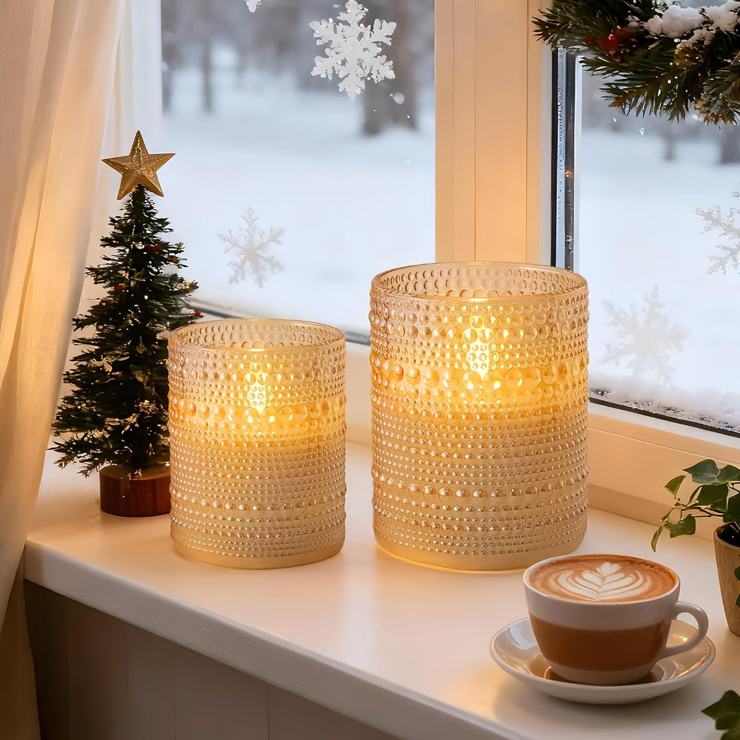 Dotted Glass Flameless Candles with Remote Timer, Real Wax Battery Operated LED Pillar Candles with 3D Flickering Flame for Festival Wedding Home Party Decor, 3" x 4", 4" x 5", Set of 2 (White)